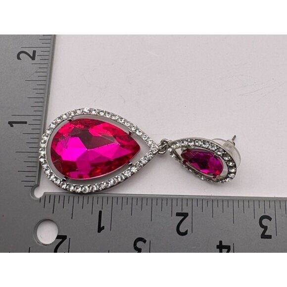 Hot Pink Teardrop Dangle Earrings Large Rhinestone Bling Silver Tone - Picture 3 of 6